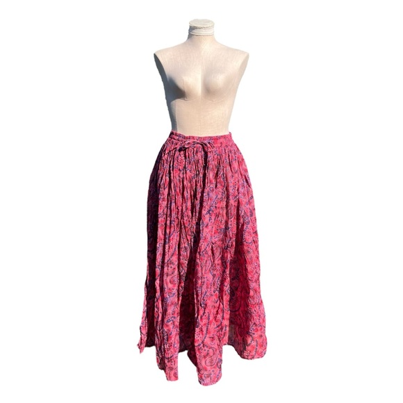 Vintage Paisley Floral Indian Cotton Pink Purple Boho Maxi Broomstick Skirt - Picture 2 of 6